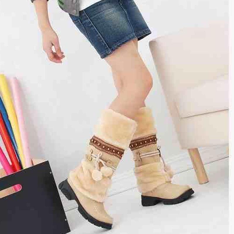 Bohemian Women's Snow Boots Beaded Fur Ball Thick Bottom High Boots Plus Velvet Calf-high Boots Plus Size 35-43