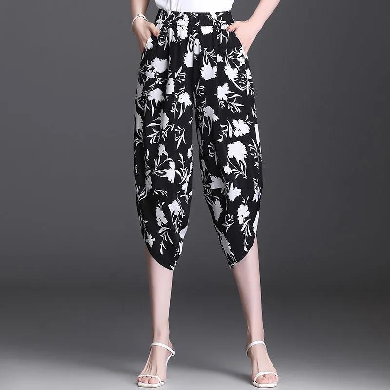 Women's Summer Thin Ice Silk Bloomers Printed Cropped Trousers Women's Loose and Thin High-waisted Harem Pants