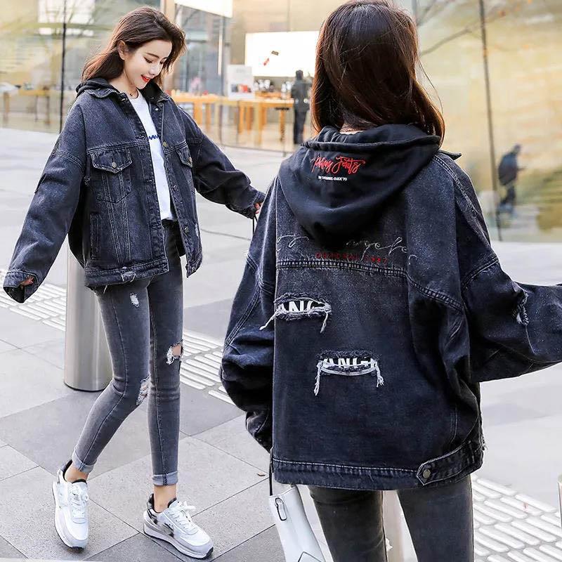 Loose Hooded Denim Jacket Women's Spring and Autumn Models with Broken Holes Embroidered Thin Black Jacket Top Trend