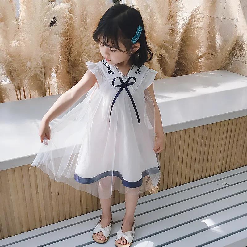 Girls Sweet Dress Children's Clothing Chinese Style Embroidered Mesh Princess Dress Girl Baby Clothes A-line Skirt