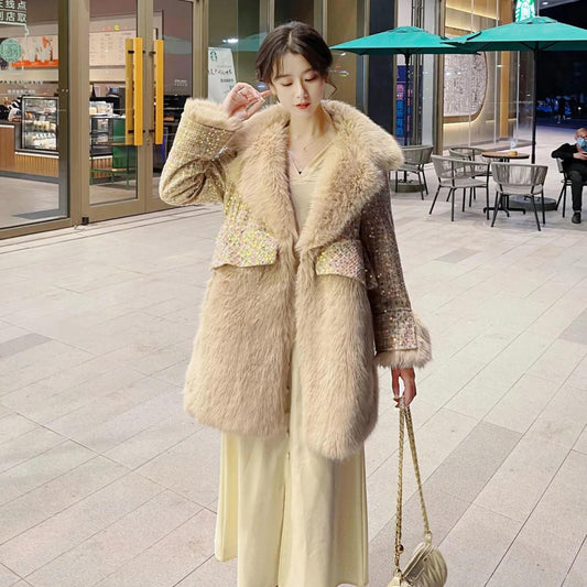 Women's Large Size Long Sleeve V-neck Fur Collar Jackets Female Loose Sequined Warm Coat Winter Thick Fur Coat