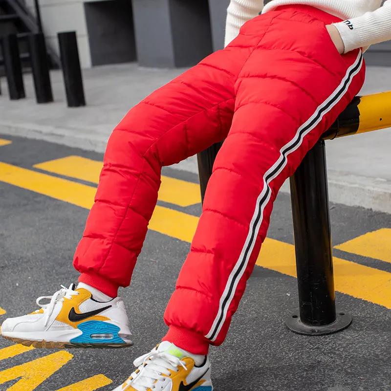 Down Pants Warm Thicken Boys Girls Winter Plus Velvet Children High Waist Trousers Ski Down Padded Pants