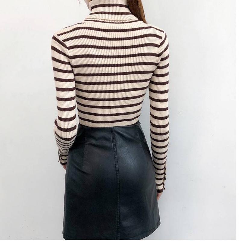 High Neck Women's Sweater Autumn Winter Striped Slim Fit Tight Sexy Long-sleeved Knitted Sweater
