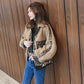 Autumn Winter Women's Loose Imitation Lambs Wool Jacket Coat Student Warmth Leopard Stitching Denim Parka