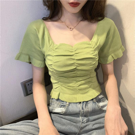 Women Summer Vintage Short Sleeve Square Neck Casual T-shirt Slim Solid Color Short Streetwear T-shirt