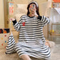 Large Size Women's Winter Warm Coral Fleece Stripes Nightdress Cute Cartoon Printing Pyjama Plus Fat Oversize Long-sleeves Pajamas Flannel Home Wear