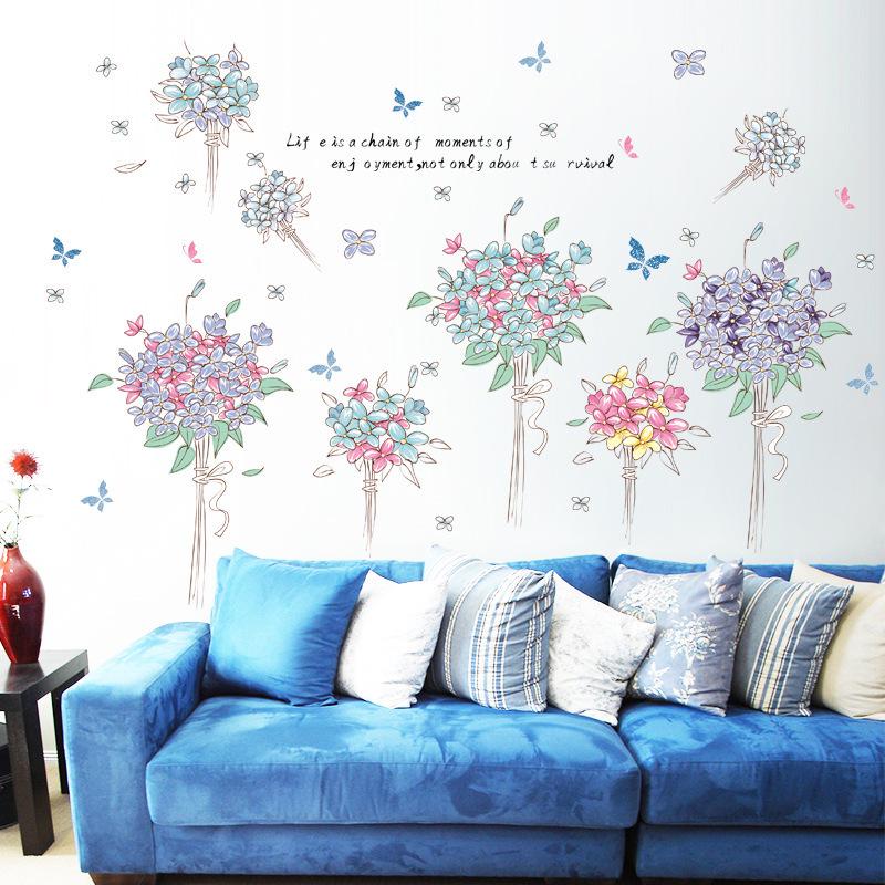 [hydrangea bouquet]  removable wall stickers PVC transparent film blue flower wallpaper for girls