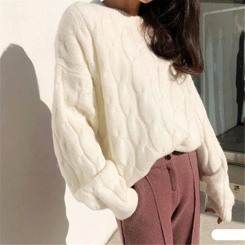 New loose sweater autumn and winter twist round neck pullover solid color long-sleeved sweater women
