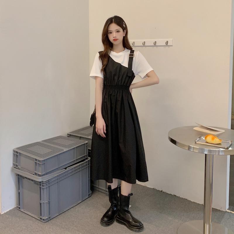 Women Summer Long Dress Vintage High Waist Splicing Casual Dress Elegant Slim Round Neck Short Sleeve Pleated Dress