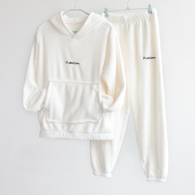 Coral Fleece Pajamas for Women and Men Pyjamas Set Flannel Hoodie Pullover Sleepwear Autumn Winter Velvet Warm Home Wear Suit Casual Loose Long Sleeve