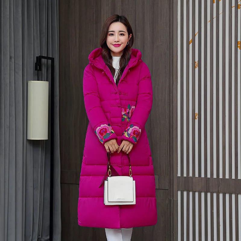 Winter Women's Ethnic Embroidery Down Jacket Mid-length Retro Buckle Hooded Cotton Jacket
