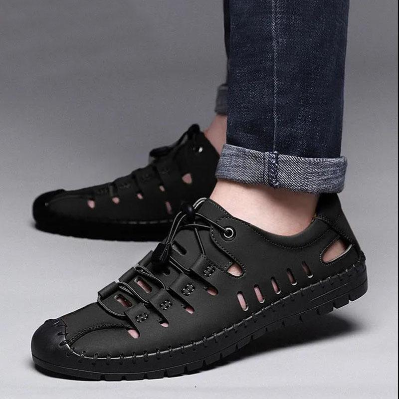 Men's Genuine Leather Breathable Leather Sandals Men's Casual Hollow Hole Shoes Non-slip Soft Sole Leather Sandals