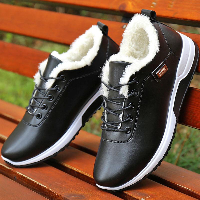 Men's Shoes Winter Plus Velvet Casual Shoes Black Leather Shoes Waterproof Non-slip Peas Shoes Boys Winter Warm Cotton Shoes