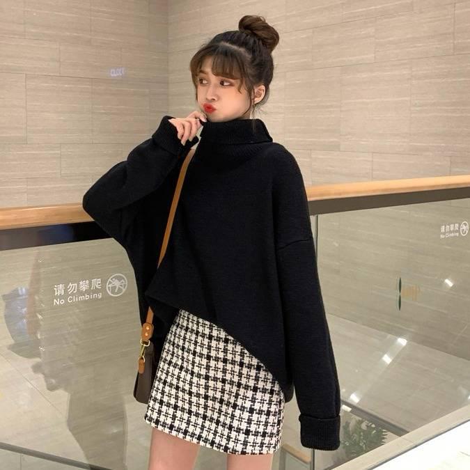 Pofulove Winter Warm Thick Turtleneck Sweaters Girl Student Loose Pullover Solid Color Coat Sweater