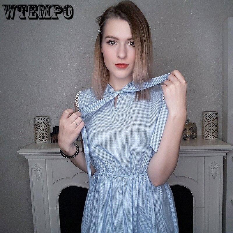 Women Summer Dresses Sleeveless Light Blue Sweet Mini Dress Bandage Collar Plaid Casual Dress Sexy Plus Size Slim Clothes
