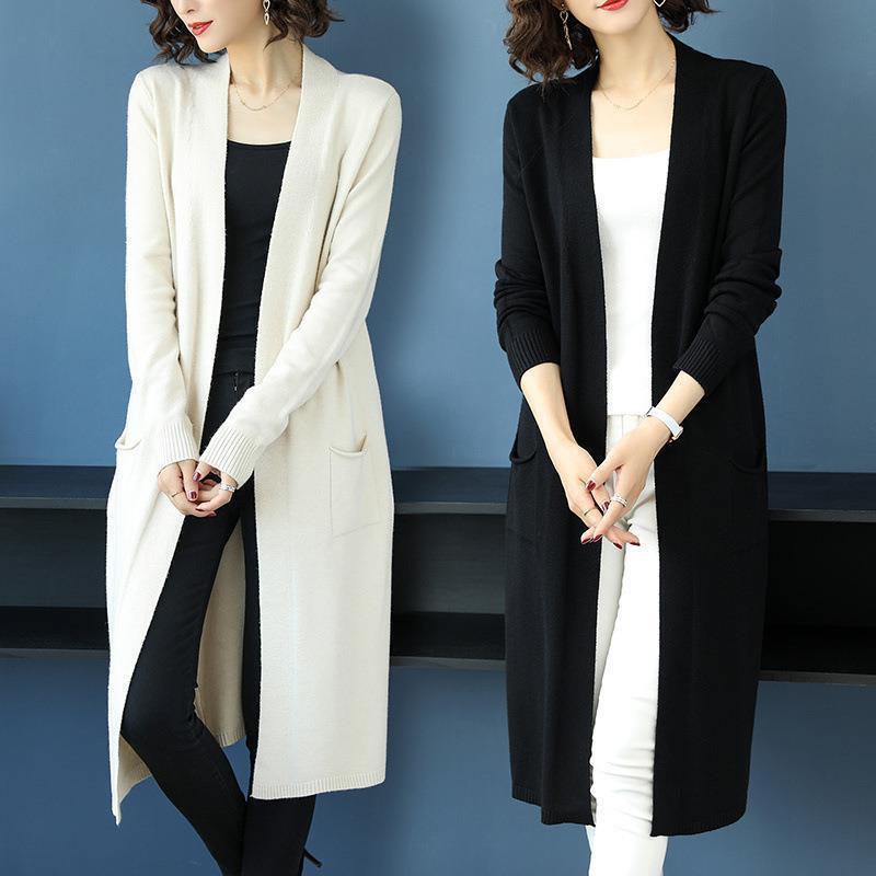 Spring and Autumn Long Knitted Jacket Loose Over The Knee All-match Jacket Fashion Solid Color Female Top