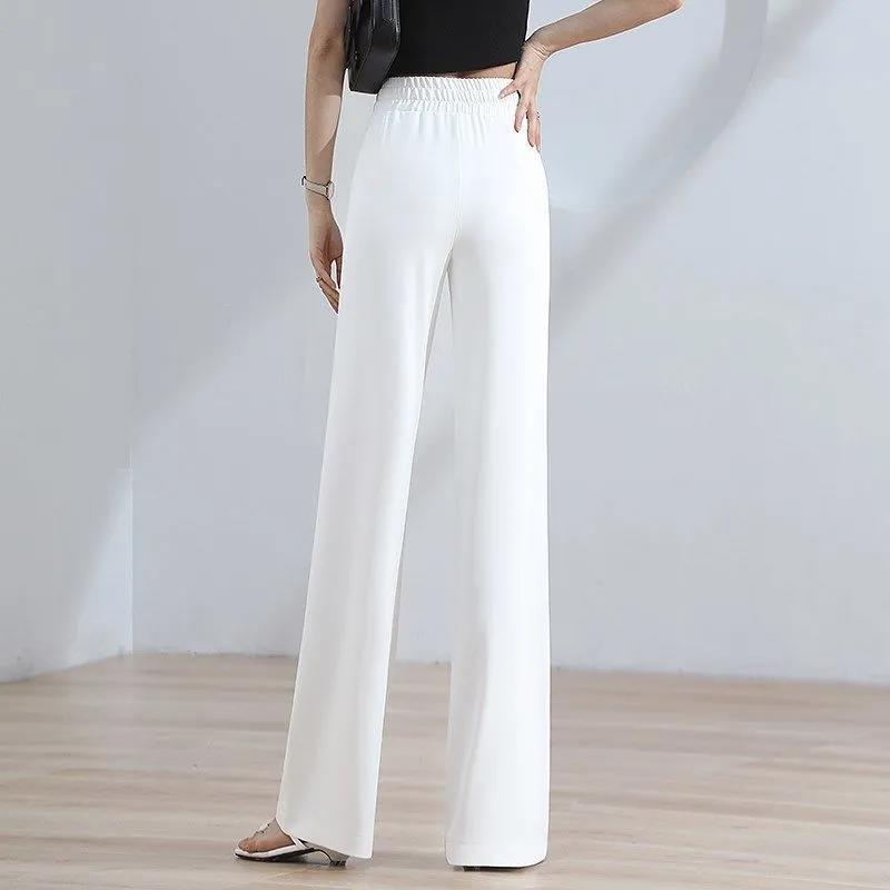 Impermeable White Ice Silk Wide-leg Pants Female High-waist Drape Letter Waist Summer Loose and Thin Chiffon Straight Trousers