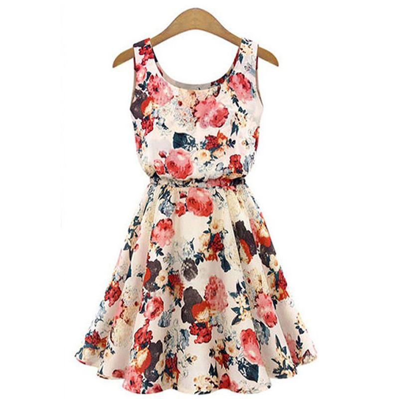Women A-line Chiffon Dress Summer Sleeveless Round Neck Elastic Waist Floral Large Size Mid-length Skirt