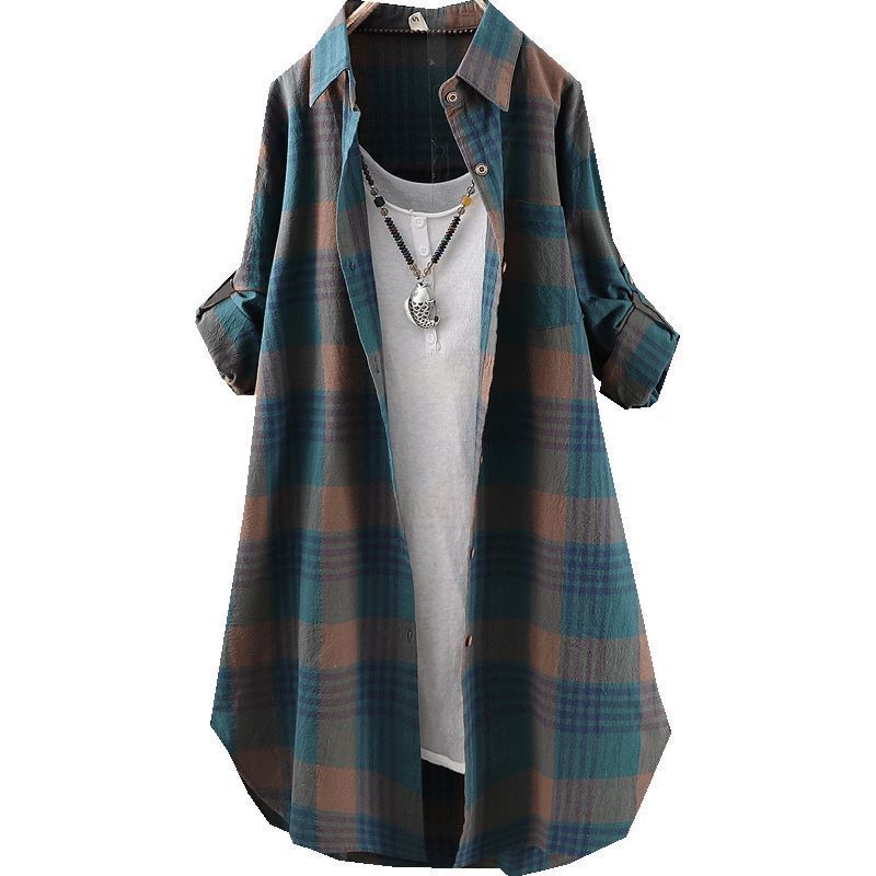 Plaid Cotton Shirt Women's Long-sleeved Casual Mid-length Loose Women's Shirt Slimming Cardigan Jacket Fabric Is Soft and Breathable