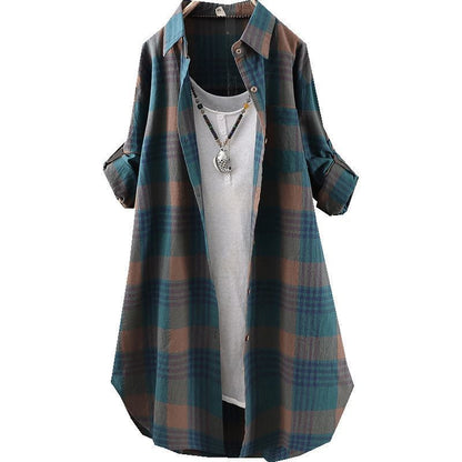Plaid Cotton Shirt Women's Long-sleeved Casual Mid-length Loose Women's Shirt Slimming Cardigan Jacket Fabric Is Soft and Breathable
