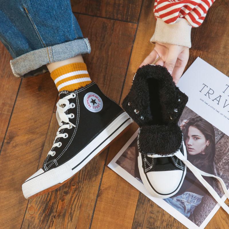 Plus Velvet Thick High-top Canvas Shoes Women Korean Winter Cotton Shoes All-match Cotton Shoes