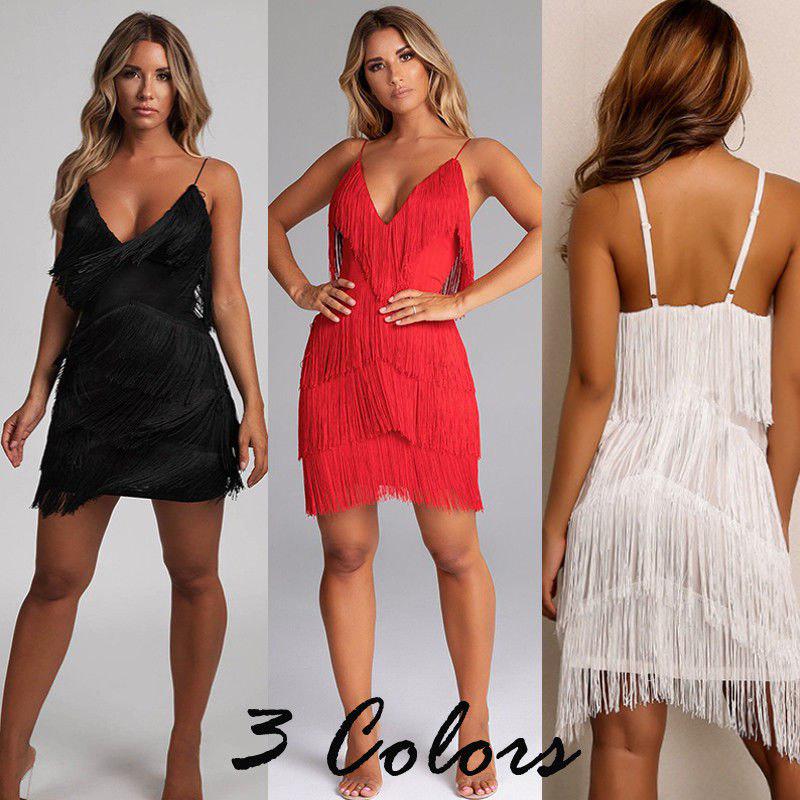 Women Sexy Backless Deep V neck Dress Party Evening Pencil Dress Tassels Slim Dress Sexy Wome