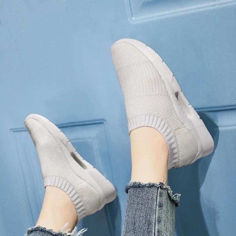 A Pedal Casual Women's Shoes Lazy Shoes Flying Woven Socks Shoes, Breathable Sneakers Women's Mother Shoes Breathable Net Shoes Coconut Shoes