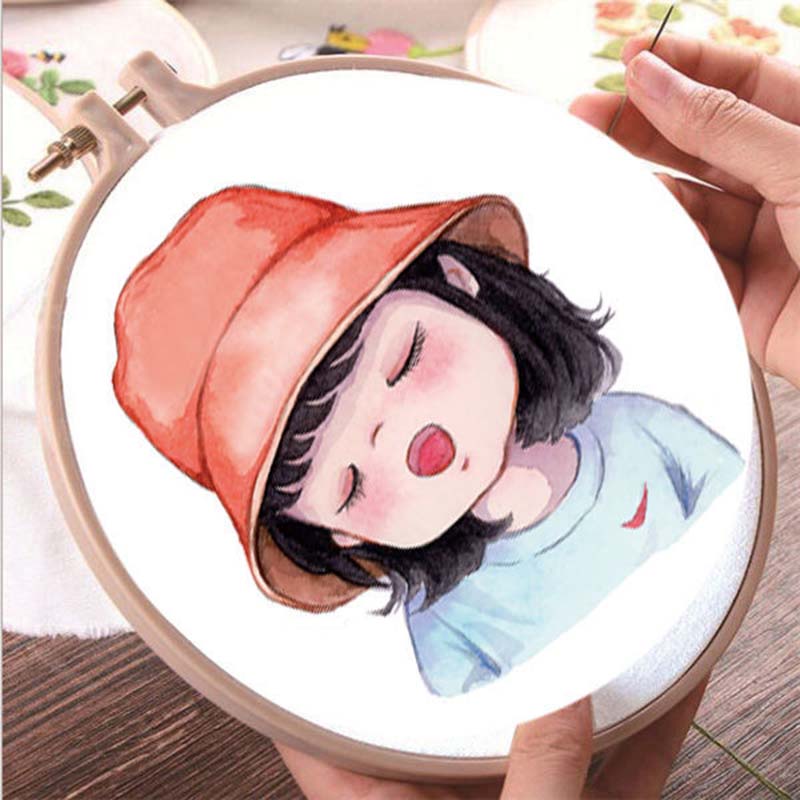 Cartoon Cross Stitch Girl Handmade Simple Thread Embroidery Embroidery Student Small Pendant for Beginners