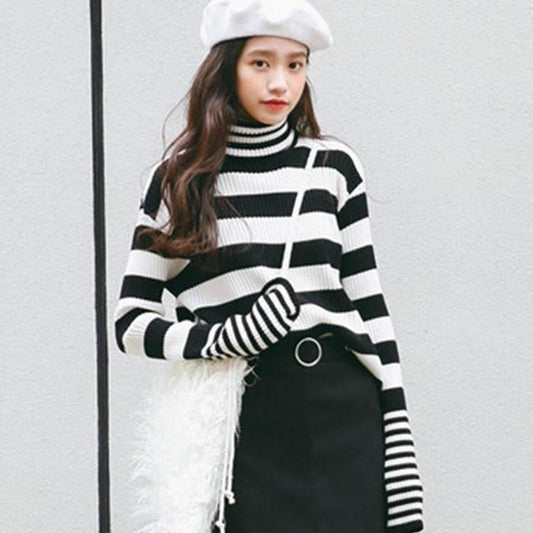 Turtleneck Bottoming Shirt Long-sleeved Slim Pullover Black and White Striped Short Sweater