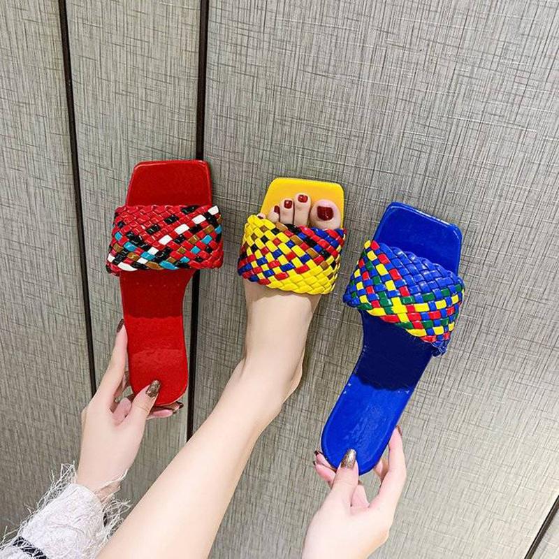 Color-blocking Woven Sandals  Slippers Women's All-match Outer Wear Summer Square-toe Flat-bottomed Slippers