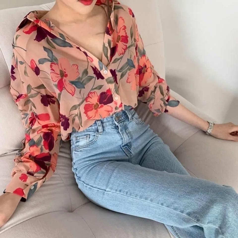 Floral Thin Chiffon Shirt Women Niche Western-style Tops Long Sleeve Shirts Cardigans Jacket Sunscreen Clothing All-match Blouse