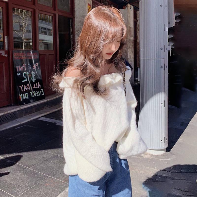 Women Strapless Sweater Ruffles Knitted Shirt Showing Your Sexy Clavicle Pullover Jumper