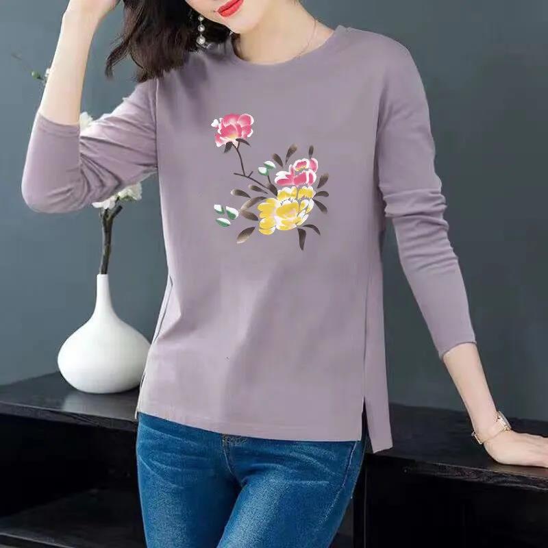 Women Cotton T-shirt Casual Slit Top Peony Print Pullover Long Sleeve Bottoming Shirt Spring