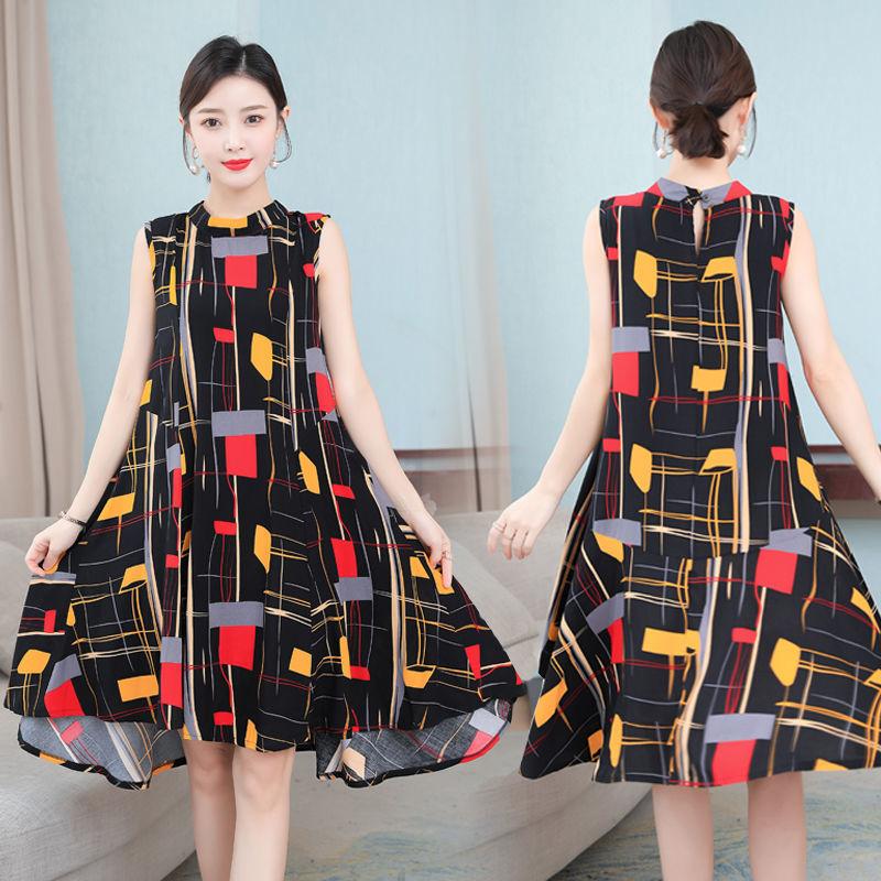 Women Cotton Silk Dress Summer Mother Sleeveless Mid-length Loose Large Home Night Skirt Beach Skirt
