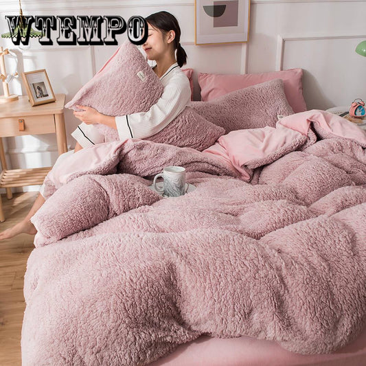 4pcs Home Textile Lamb Cashmere Bedding Set Winter Thick Fleece Bed Linens Velvet Duvet Cover Set