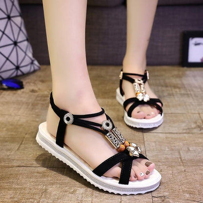 Summer Korean Women's Sandals Fashion Bohemian Non-slip Flat Heel All-match Sandals Casual Rhinestone Student Women's Shoes