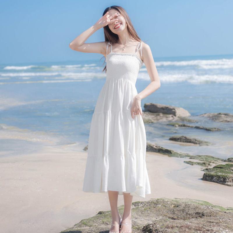 Summer Slim Sling One-shoulder Dress Women's Long Skirt Big Pendulum Little Black Dress Beach Holiday Dress Sexy Cute Dress