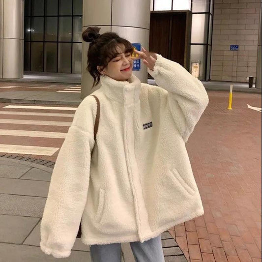 Women's Autumn and Winter All-match Plus Velvet Thick Coat Imitation Lamb Plush Loose Coat Women's Warm Plus Velvet Top