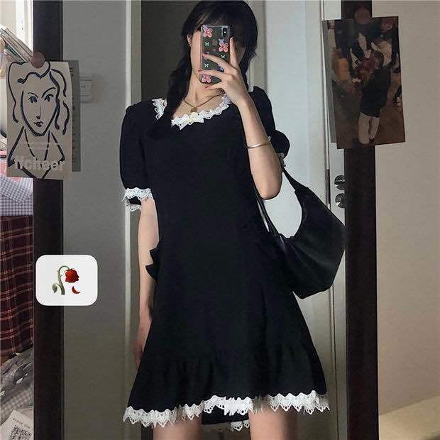 Women's Spring and Summer French Lace Square Neck Versatile Waist Short Sleeve A-line Skirt