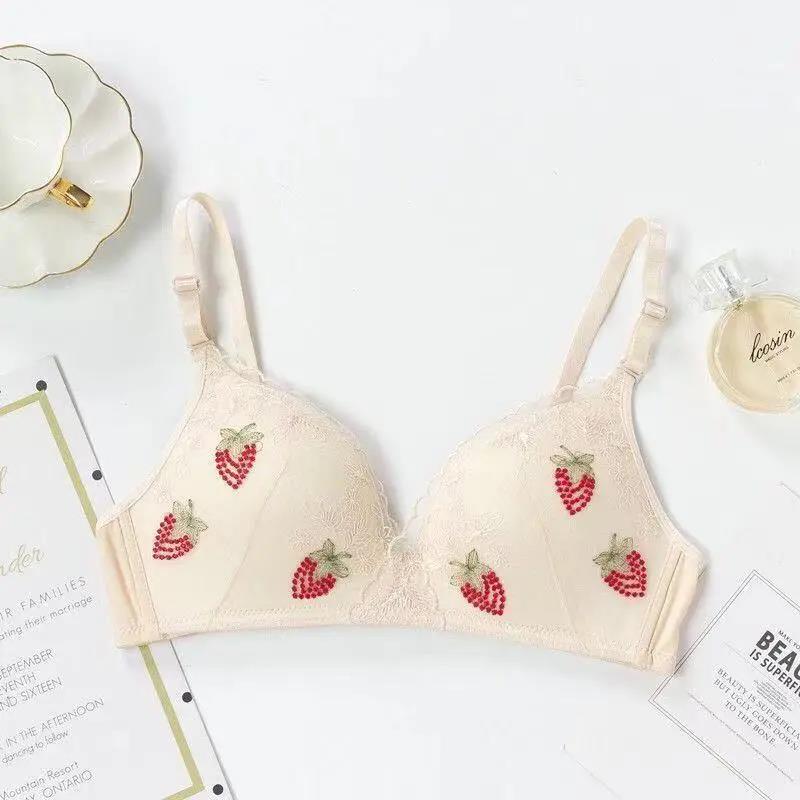 Korean Version Without Steel Ring Gathered Anti-sagging Upper Collection Side Milk Fruit Embroidered Women's Underwear Bra