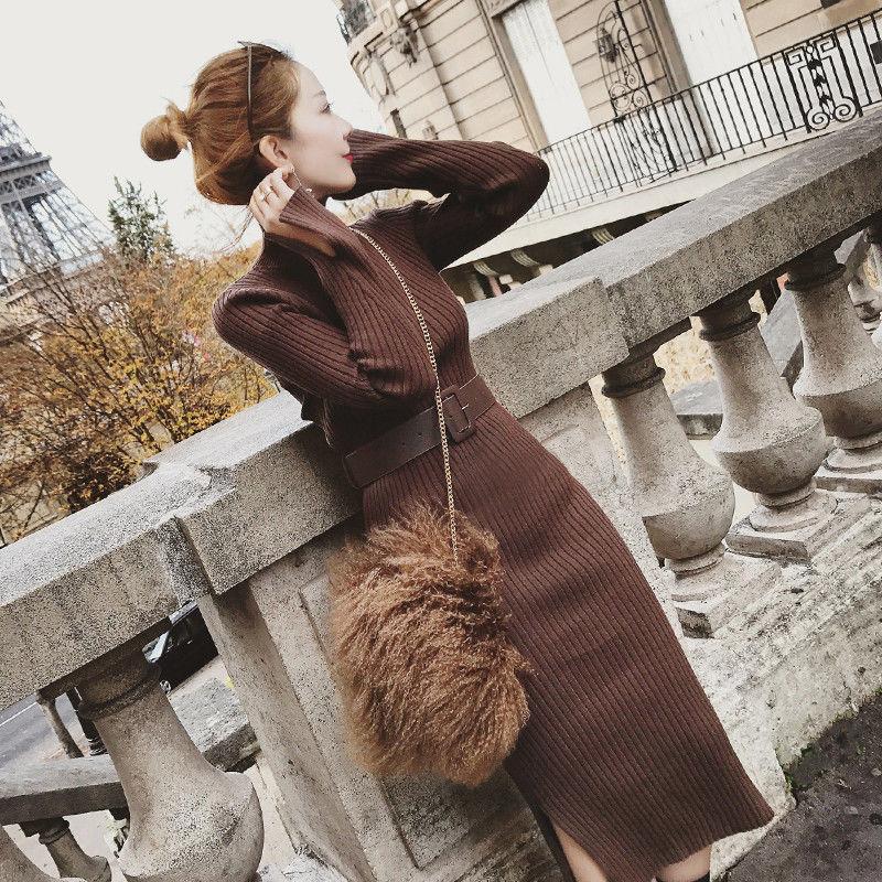 Autumn and Winter Women's Self-cultivation Solid Color Base Skirt Long-sleeved Sweater Bag Hip Skirt with A Mid-length Slim Knitted Dress