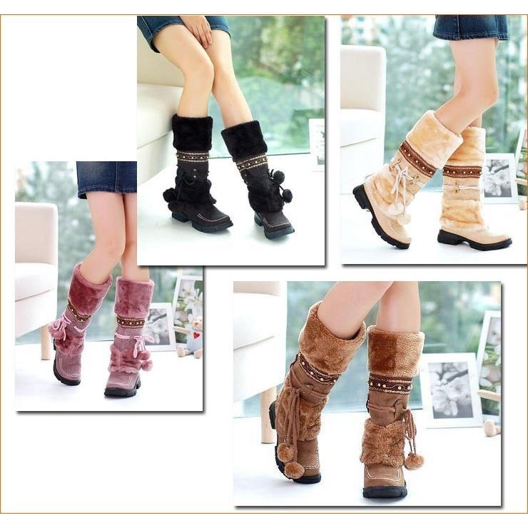 Bohemian Women's Snow Boots Beaded Fur Ball Thick Bottom High Boots Plus Velvet Calf-high Boots Plus Size 35-43