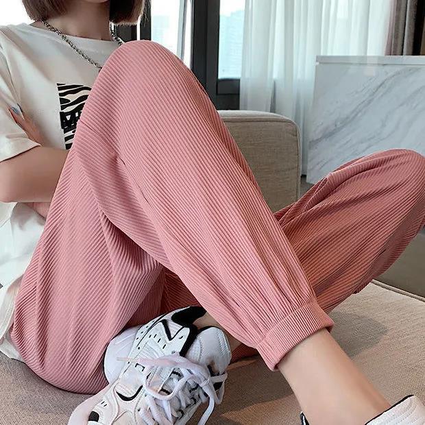 Women Spring Large Size Ice Silk Thin Sports Pants Loose Solid Color Elastic Waist Casual Long Pants