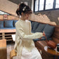 Pofulove Lace Up Design Retro Split Sweater Twist Loose Long-sleeved Knitted Sweater Women