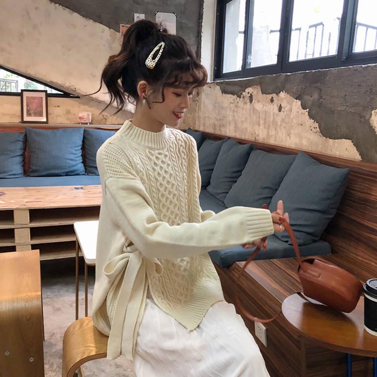 Pofulove Lace Up Design Retro Split Sweater Twist Loose Long-sleeved Knitted Sweater Women