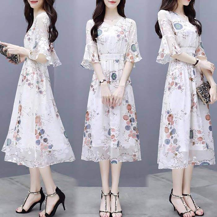 Pofulove Women V-neck White Chiffon Dress Slim Office Lady Sexy Short-sleeved Long A-line Dress