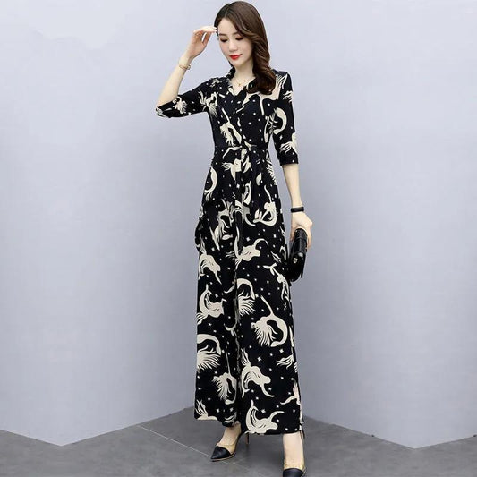 Black Suit Women's Summer Two-piece Suit Slim Wide-leg Pants + Long-sleeved Shirt Temperament Printed Suit Suit Women