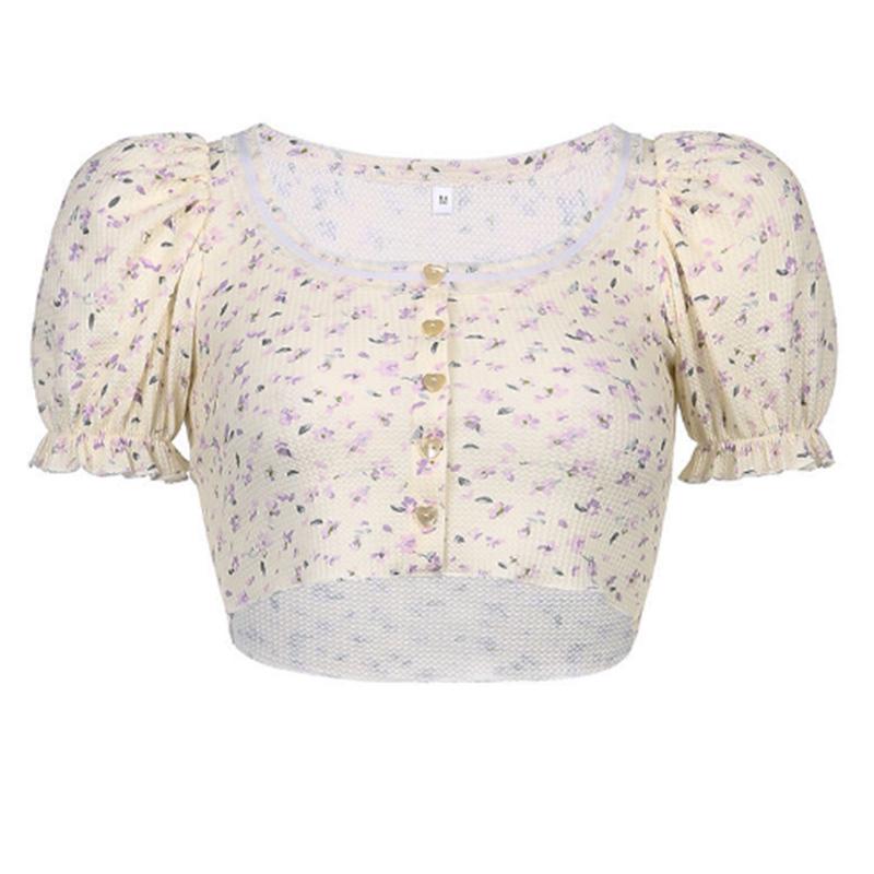 French Pastoral Style Floral T-shirt Women's Square Collar Puff Sleeves Short Slim Bottoming Short-sleeved Top Summer