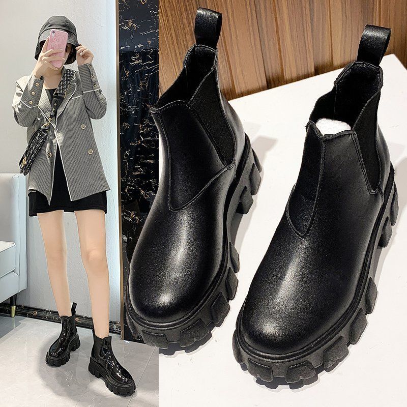 Women Chelsea Boots Elastic Top Ankle Boots Ladies Slip-on Leather Martin Boots Plush Velvet Round Toe Platform Short Winter Boots  Plus Size 35-43