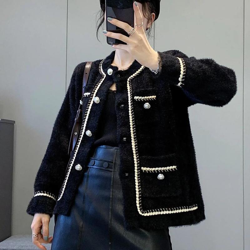 Xiaoxiangfeng Imitation Mink Velvet Thickened Short Coat Women's Spring and Autumn Long-sleeved Round Neck Knitted Cardigan Woolen Top